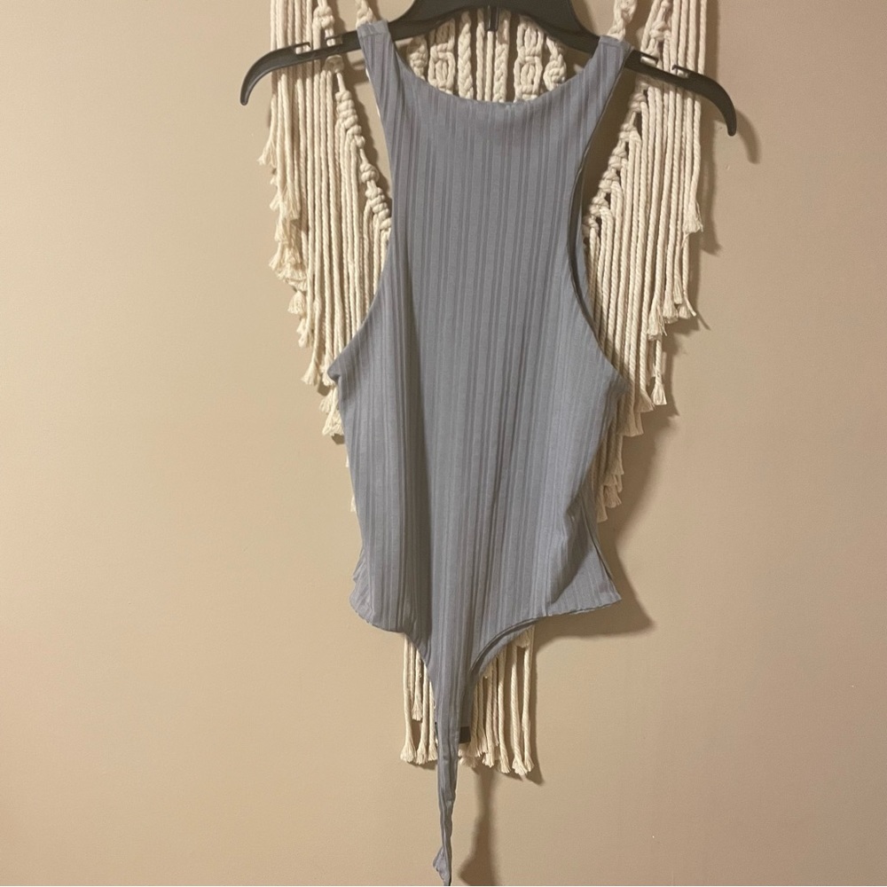 Gray Rib Slinky Racer Neck Bodysuit - Picture 3 of 4